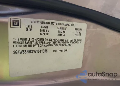 1998 Buick Century Custom from USA, damaged, VIN 2G4WS52MXW1611356